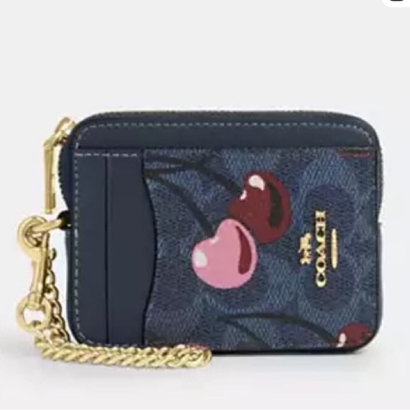Coach Signature Canvas Cherry Print Zip Wallet Goldtone Chain with clip. ID slot - Picture 12 of 12